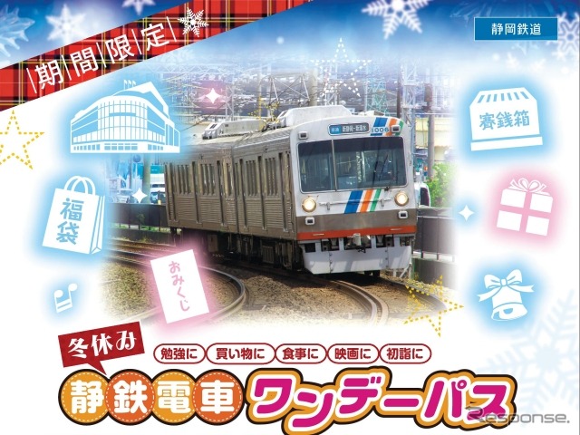 「冬休み・静鉄電車ワンデーパス」の案内。小中学生と高校生に限り静岡清水線が1日自由に乗り降りできる。