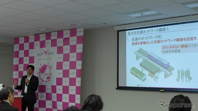 京都丹後鉄道が目指す「高次元交通ネットワーク」の説明をするウィラー・トレインズの村瀬社長。4月1日からの運行引継ぎを目指す。