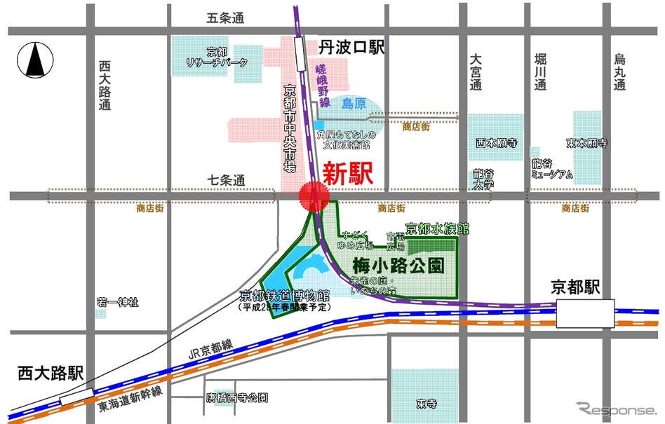 嵯峨野線京都～丹波口間の新駅の位置。京都鉄道博物館の北側になる。