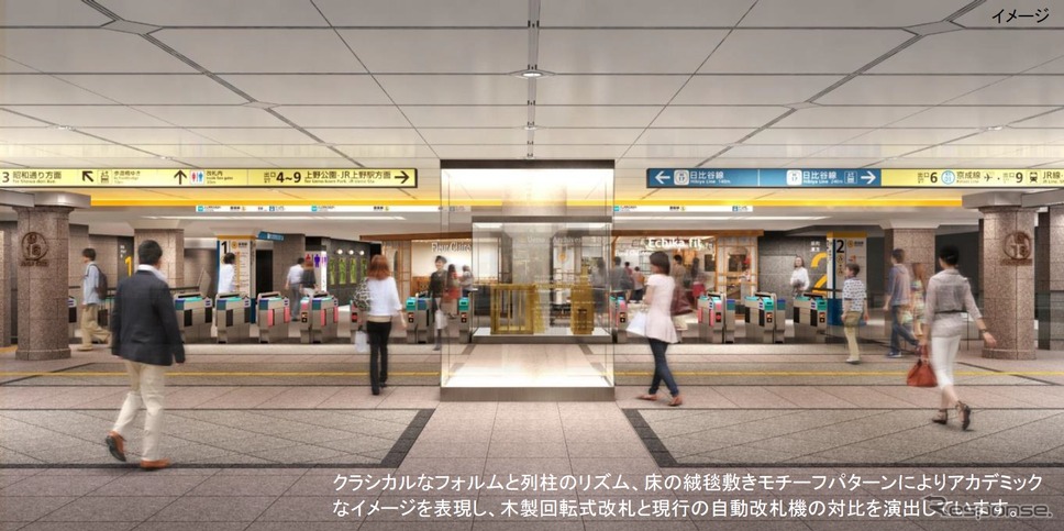 銀座線下町エリアのデザインがこのほど決定。今年から2019年にかけて7駅のリニューアルを順次実施する。画像はリニューアル後の上野駅改札口（浅草方）のイメージ。