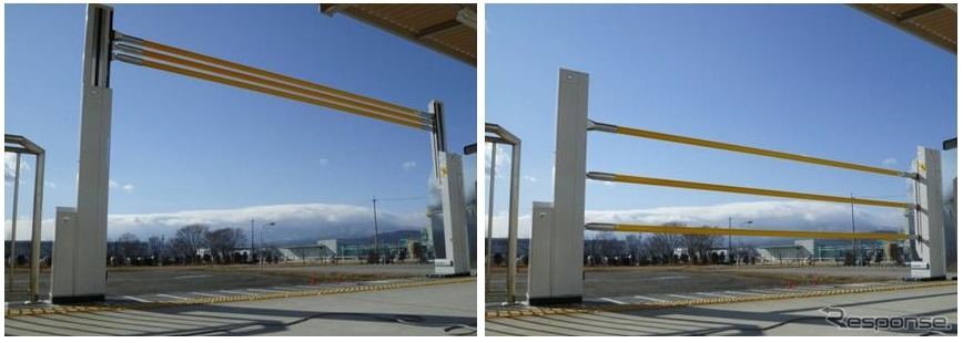 拝島駅に整備される昇降式ホーム柵のイメージ。3本のバー（右）がホームからの転落を防止する。列車の停車時にはバーが上昇（左）する。