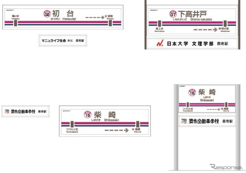 京王は4月1日から、新たに6駅に副駅名標板を設置すると発表。画像は初台・下高井戸・柴崎・府中各駅の駅名標と副駅名標板のイメージ。