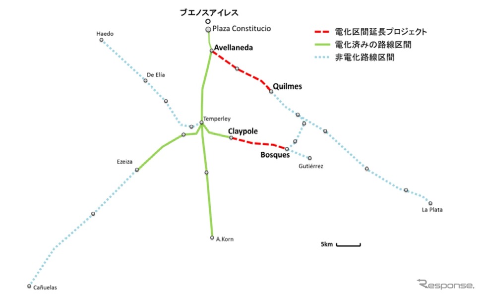 アルゼンチン・ロカ線の路線図。日本信号は今回、電化区間延伸プロジェクトの信号装置を受注した。