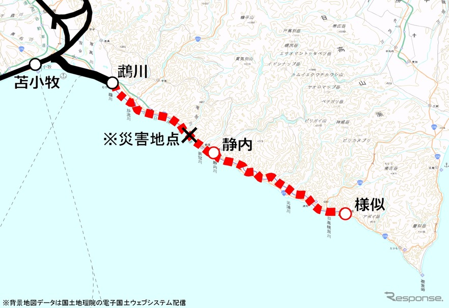 鵡川～様似間が運休中の日高本線の路線図。JR北海道の発表によると、工期は最短でも約30カ月かかる見込みだ。