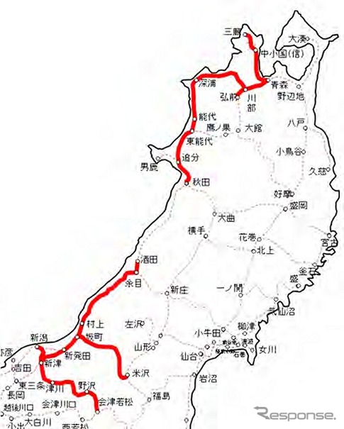 JR東日本は新潟・秋田地区の一部の路線（赤）に新型の電気式気動車を導入すると発表。2017年度から2020年度にかけて63両を投入する。