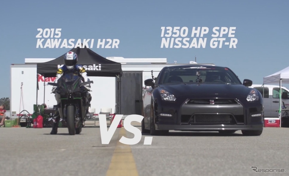 1350hpの日産 GT-Rとカワサキ ニンジャ H2R と加速対決映像を配信した『Super Street Magazine』（動画キャプチャ）