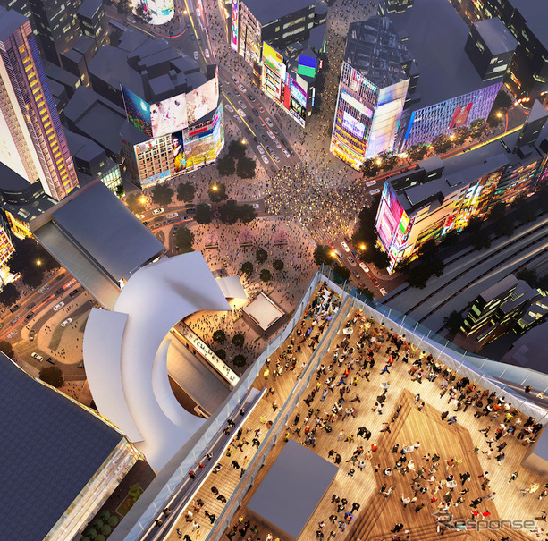 東急・JR東日本・東京メトロは渋谷で建設中の高層ビル屋上に屋外展望施設を設けると発表。画像は展望台からスクランブル交差点を見下ろすイメージ