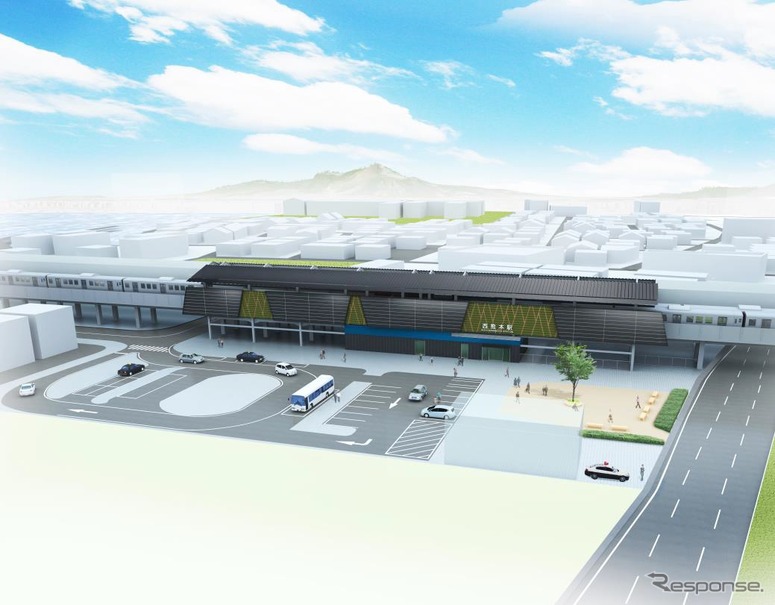 西熊本駅の外観イメージ。熊本県農業試験場の跡地を活用した再開発地区に設けられる。
