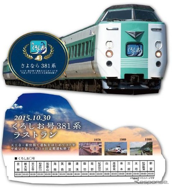 381系『くろしお』車内で配布される乗車記念証。歴代の塗色車や配布列車の時刻も紹介されている。