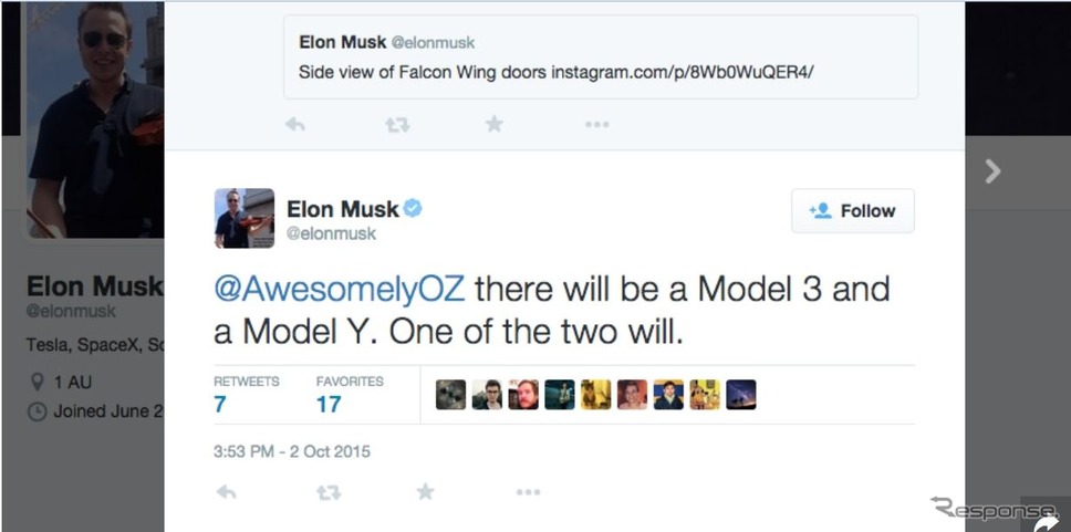 「モデルY」の車名をツイートしたテスラのイーロン・マスクCEOの公式Twitter