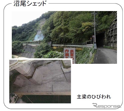 建築から50年以上が経ち、シェッド上部には土砂の堆積が見られたり、主梁などにひび割れや鉄筋の露出などが発生。