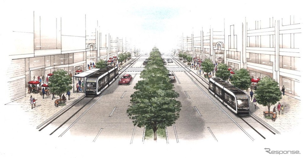 駅前通の歩道寄りに軌道が敷設される新線のイメージ。12月20日に開業することが決まった。