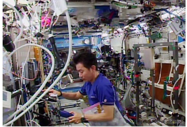「デスティニー」（米国実験棟）で作業を行う油井宇宙飛行士
