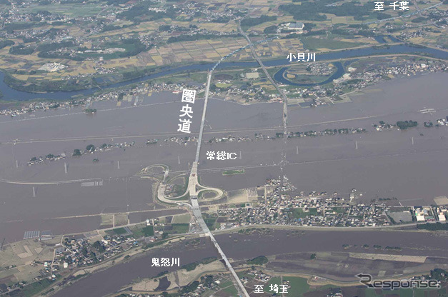 常総インターチェンジ周辺の浸水状況（9月11日撮影）