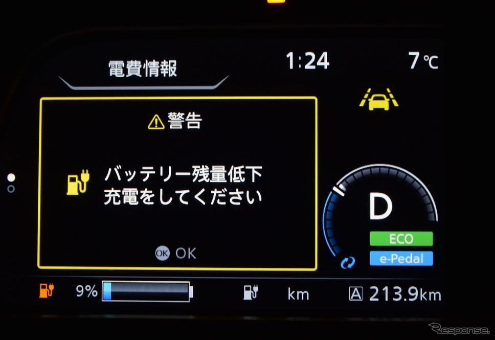 横浜から213km走行地点で充電を促すアラートが。おおむね残り9％でこうなる。