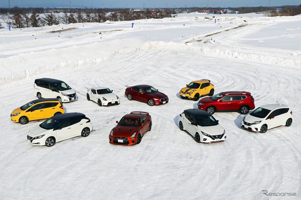 日産インテリジェントモビリティ雪上試乗会に用意されたモデルたち