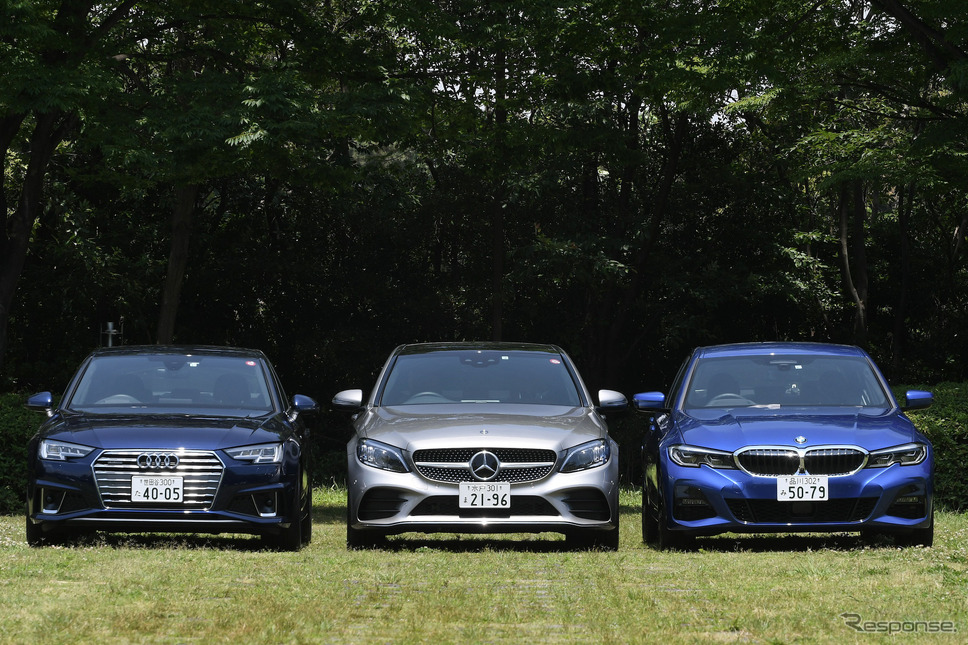 BMW 330i M Sport、Mercedes-Benz C 200 AVANTGARDE、Audi A4 45 TFSI quattro sport（右から）