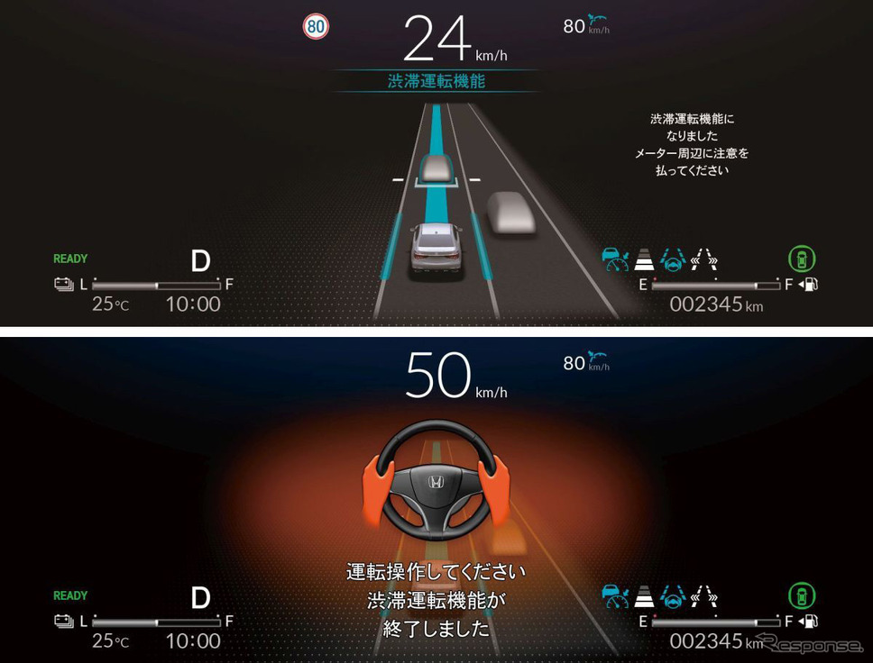 ホンダ レジェンド 新型の「渋滞運転機能」動作時のディスプレイ