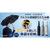 サッと引き出し、クルッと収納する新発想の折りたたみ傘「クルクル収納折りたたみ傘（カラビナ）」ミスターカード株式会社